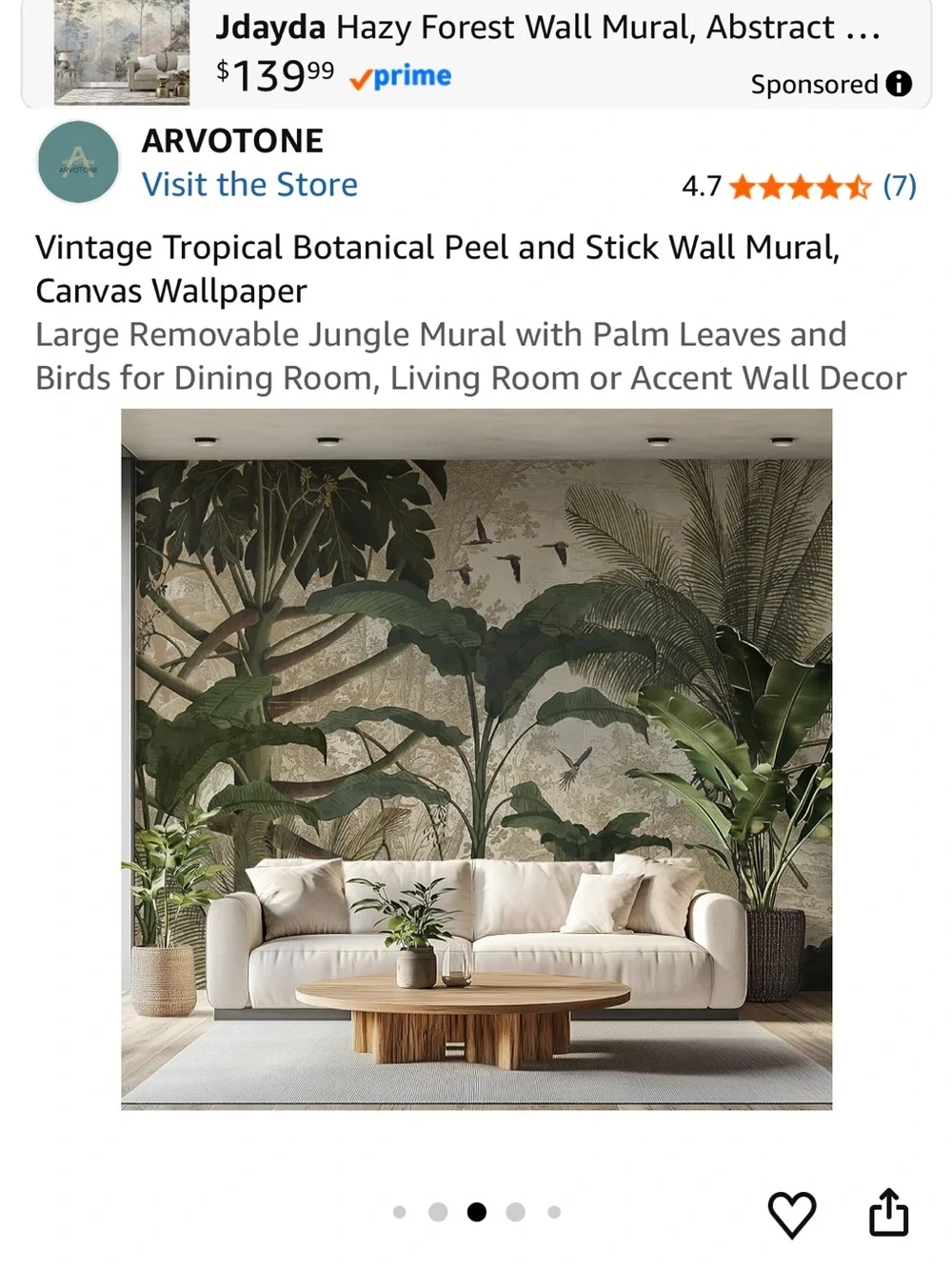 Brand New in Box Vintage Tropical Green Botanical Peel-and-Stick Wall Mural